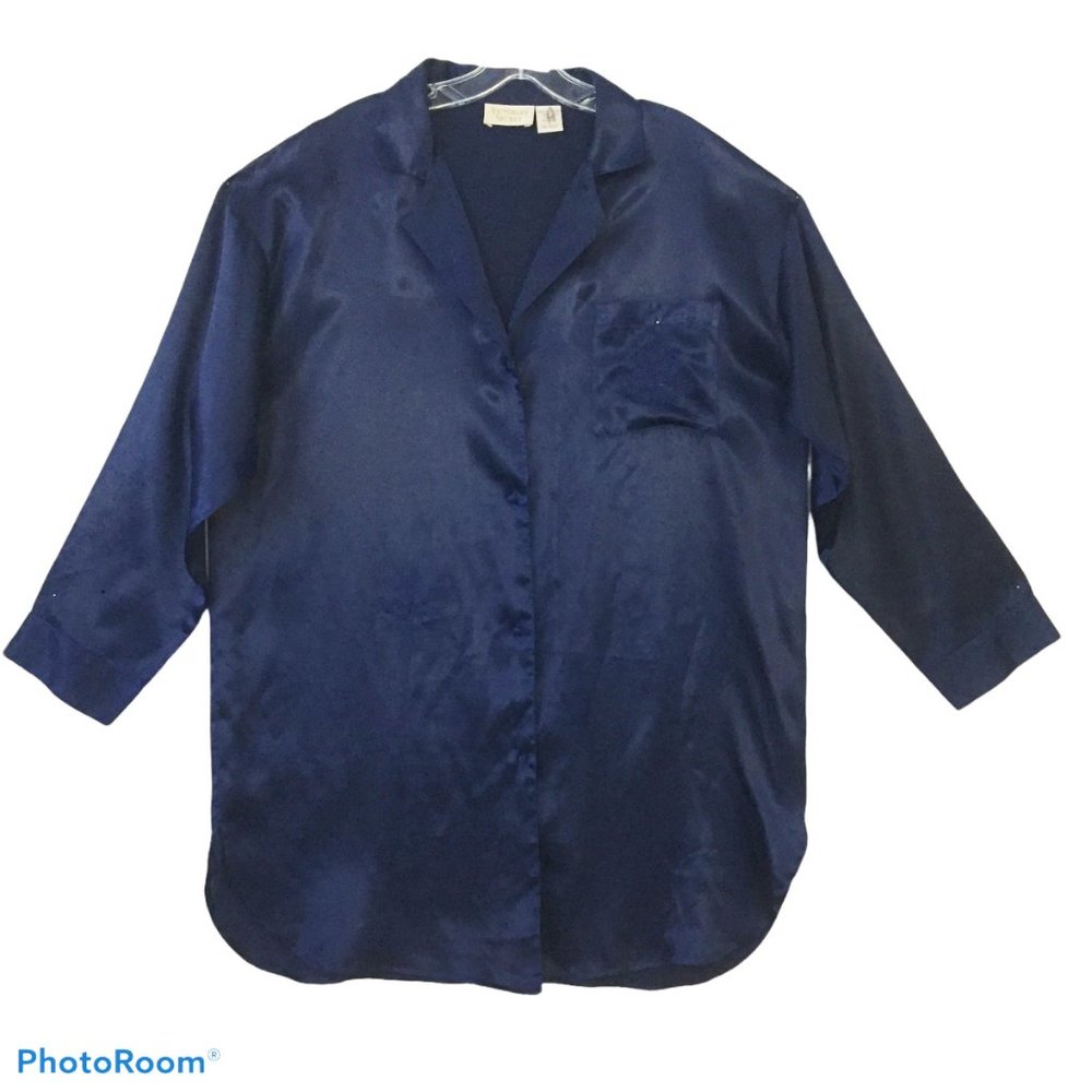 VICTORIA'S SECRET  Women M/L Sleep Shirt Navy Blue Striped Button Up Sleepwear